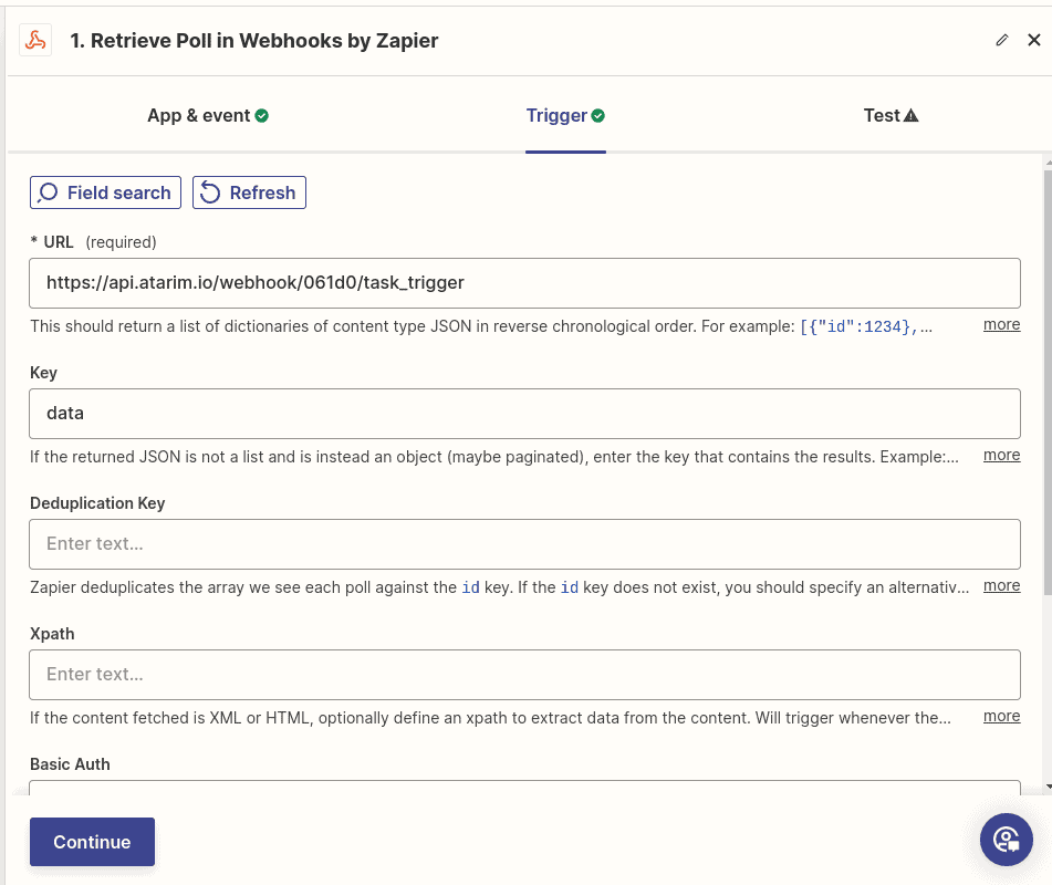 An Atarim webhook URL pasted into an automation tool to retrieve data