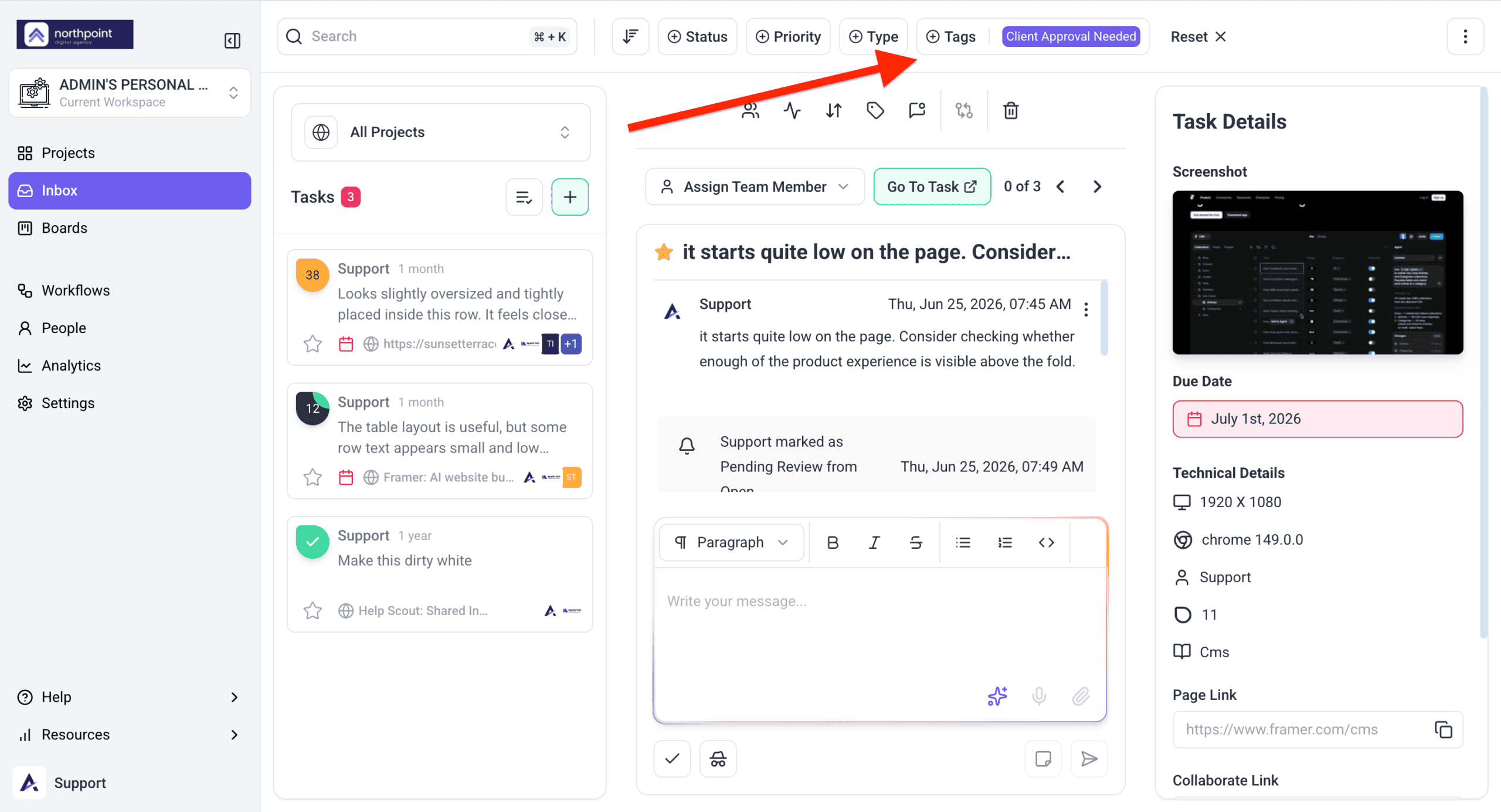 Tag filter applied in the Inbox