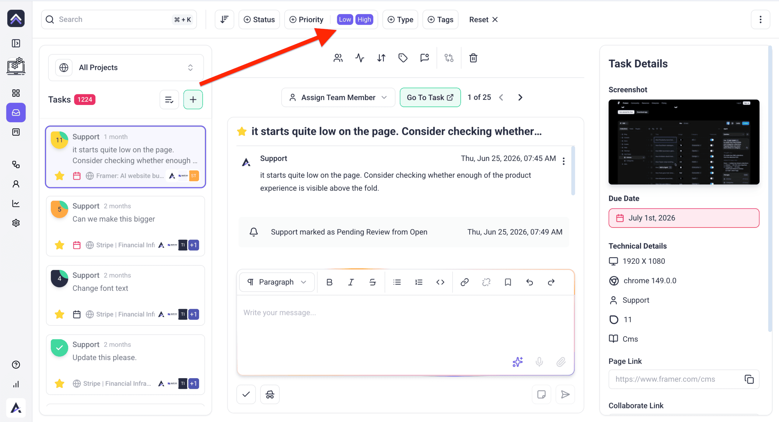 Priority shown on a task in the Inbox