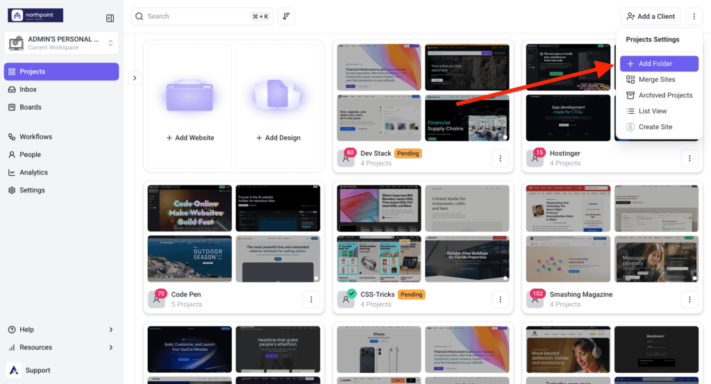 A folder being added to organise projects