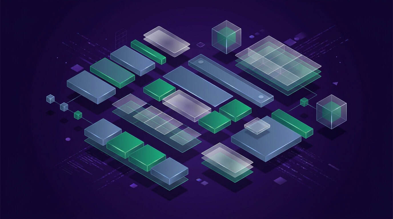 3D modular web design component blocks and design system layout layers in emerald green and slate blue on dark violet canvas
