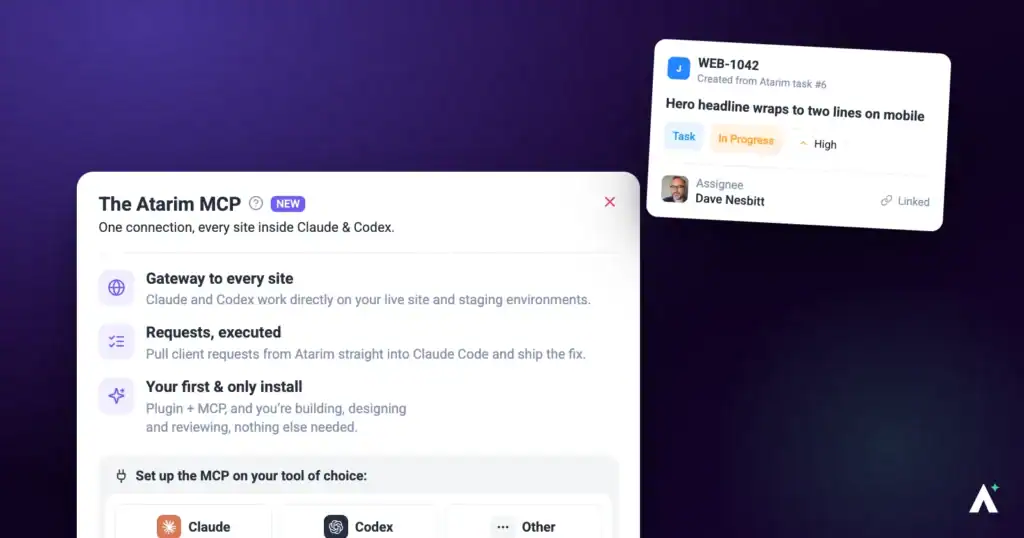 An Atarim task with element context a developer can build from