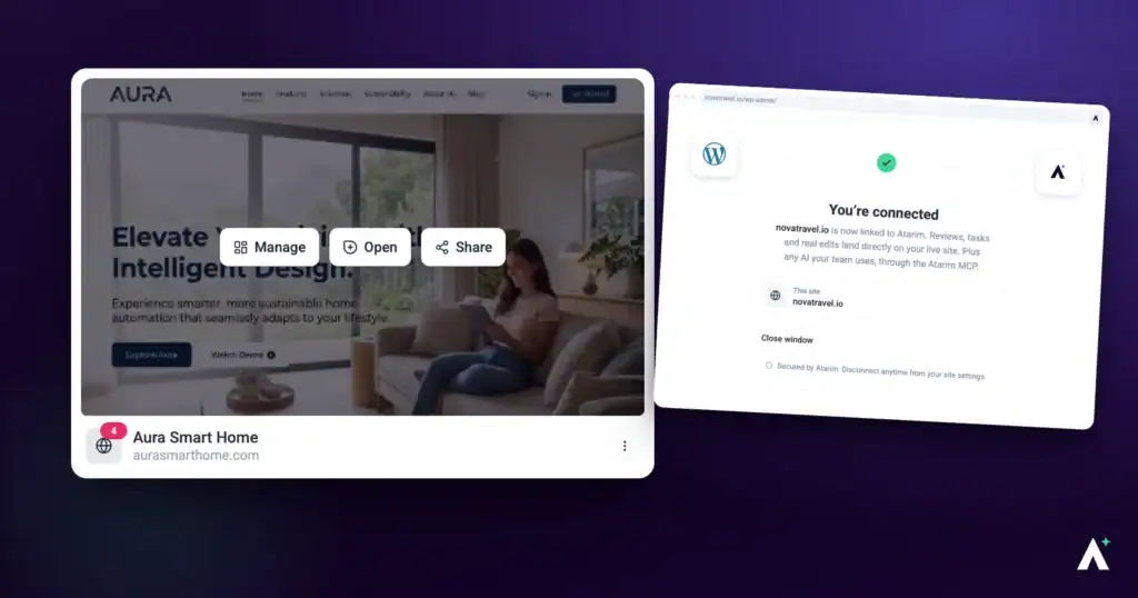 Atarim project card with the autologin action in the actions menu