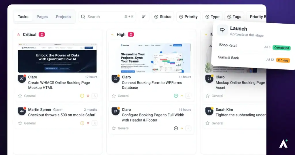 Atarim tasks ordered by priority with due dates set
