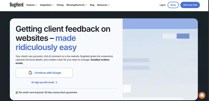 BugHerd homepage: getting client feedback on websites made ridiculously easy, with point, click and comment feedback on a live website