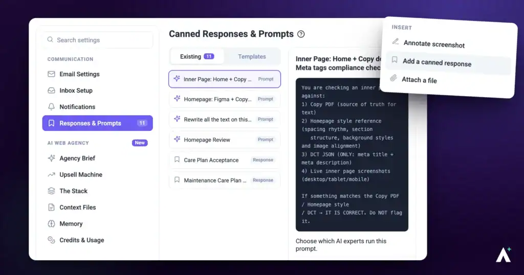 Atarim settings showing saved canned responses and the agents that use them