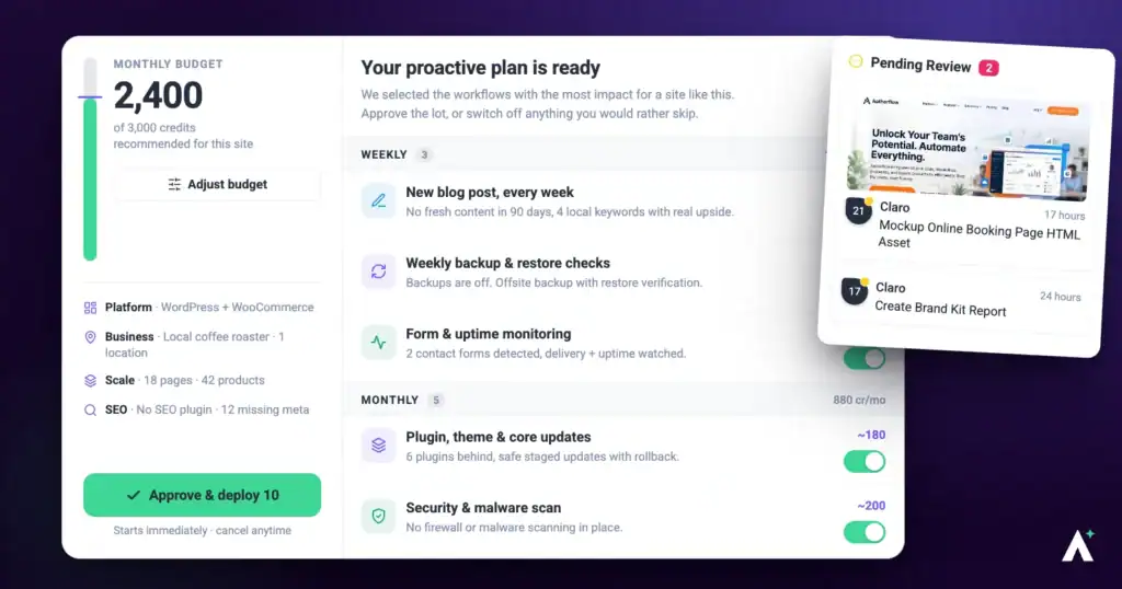 Atarim workflow approval dialog with discovery steps and the approve and deploy action