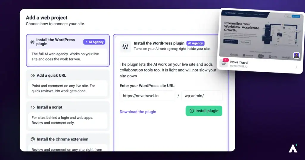 Atarim Add a web project dialog beside a newly created project card