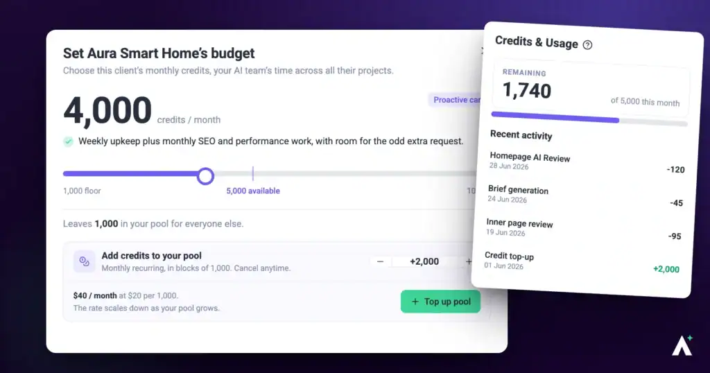 Atarim credit allocation slider beside the credit usage history