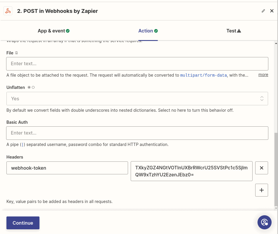 The Custom Webhook section in Atarim with a field for each event