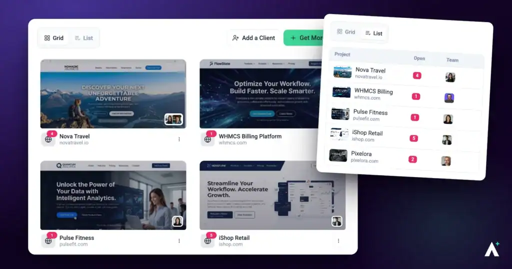 Atarim projects shown as a card grid beside the same projects as a list