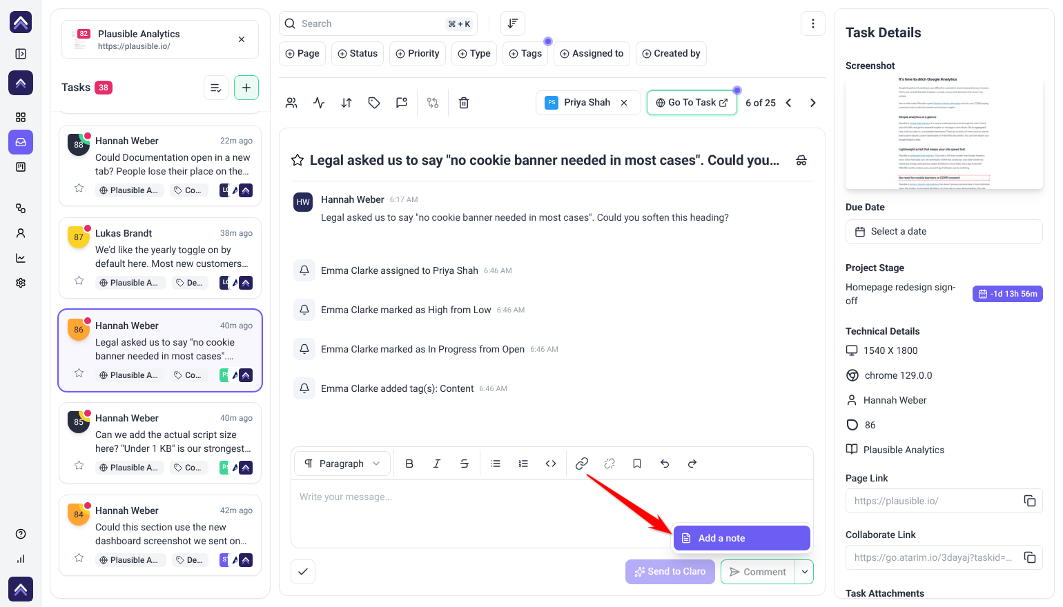Comment dropdown on a task with Add a note highlighted