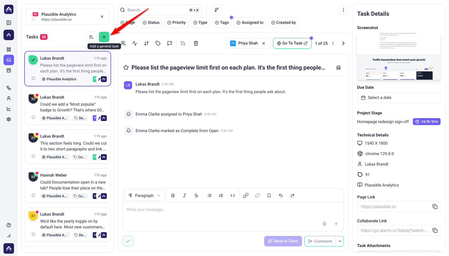 Inbox filtered to Plausible Analytics with tasks listed and a task open