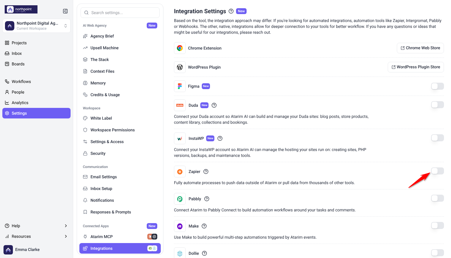 Integration Settings with the integrations listed and the Zapier switch highlighted