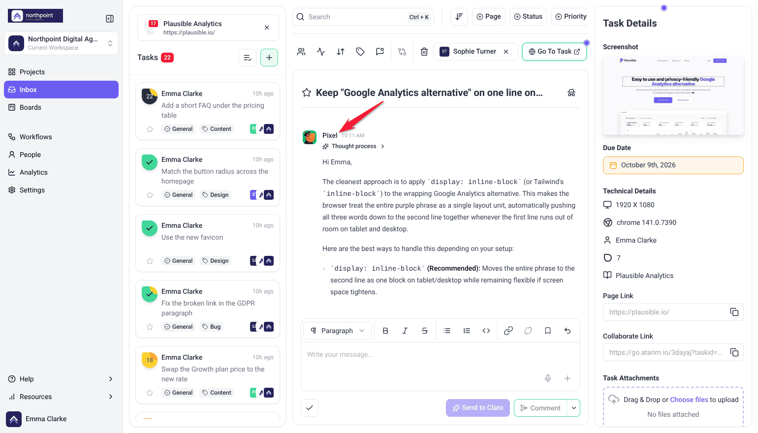 Task thread with Pixel's reply explaining the inline-block fix, above the composer with Send to Claro and Comment