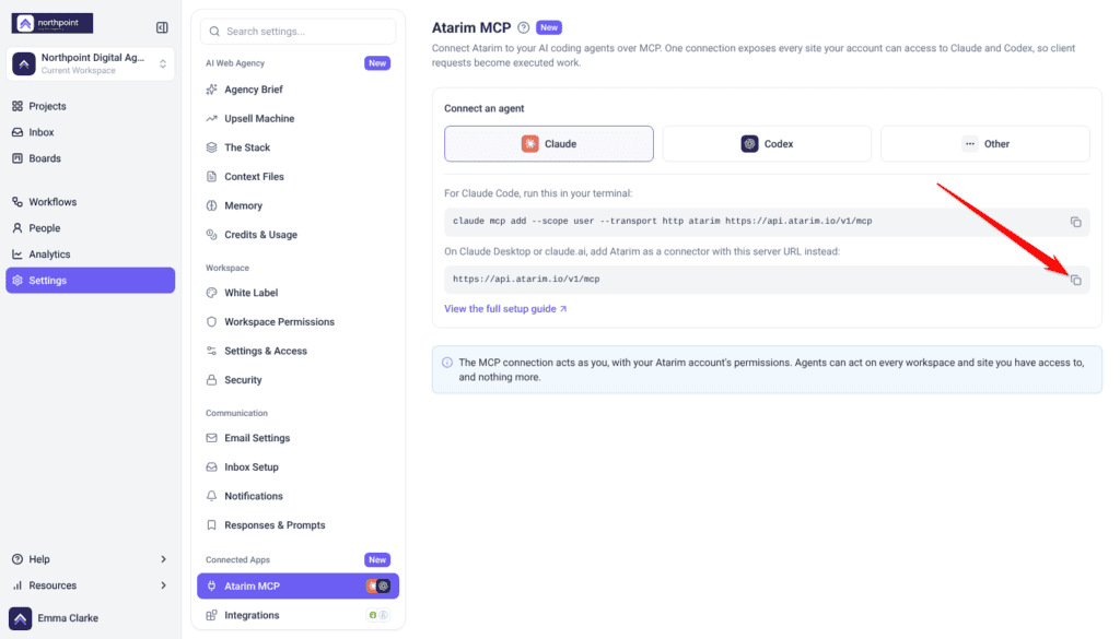 Atarim MCP panel with Claude selected and the copy control beside the https://api.atarim.io/v1/mcp server URL