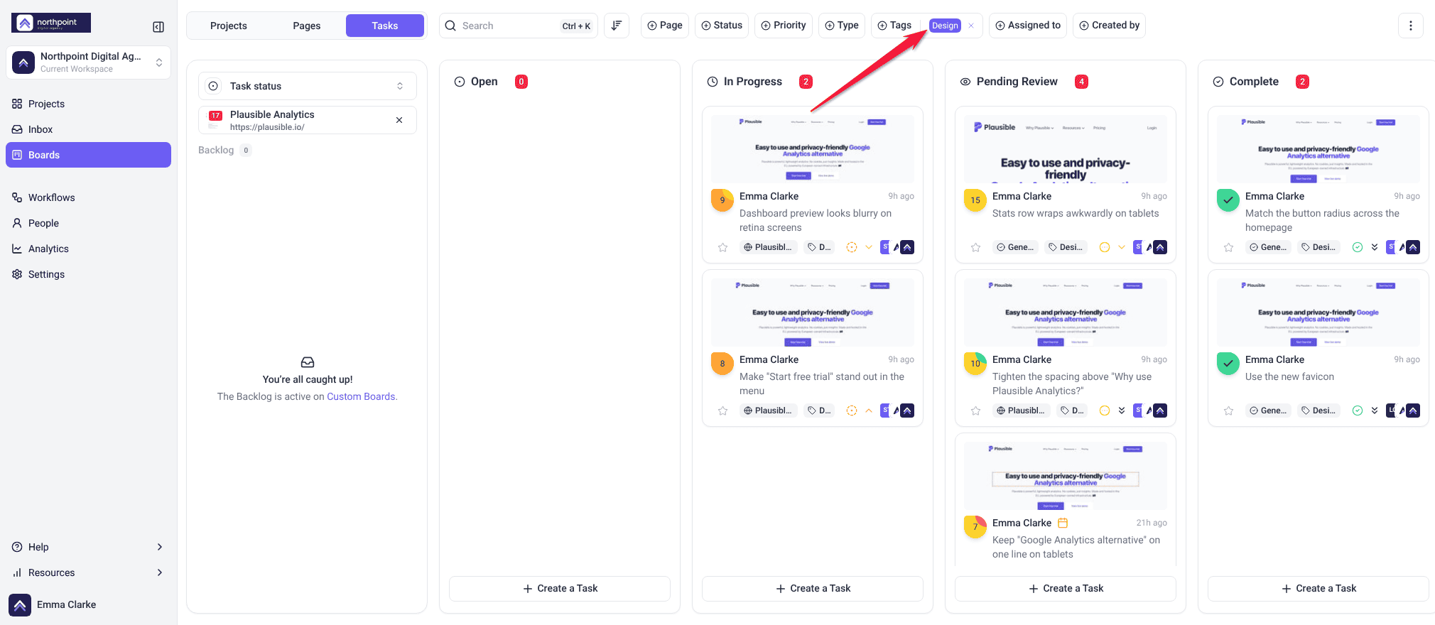 Status Board narrowed to tasks tagged Design, with Design shown in the Tags filter