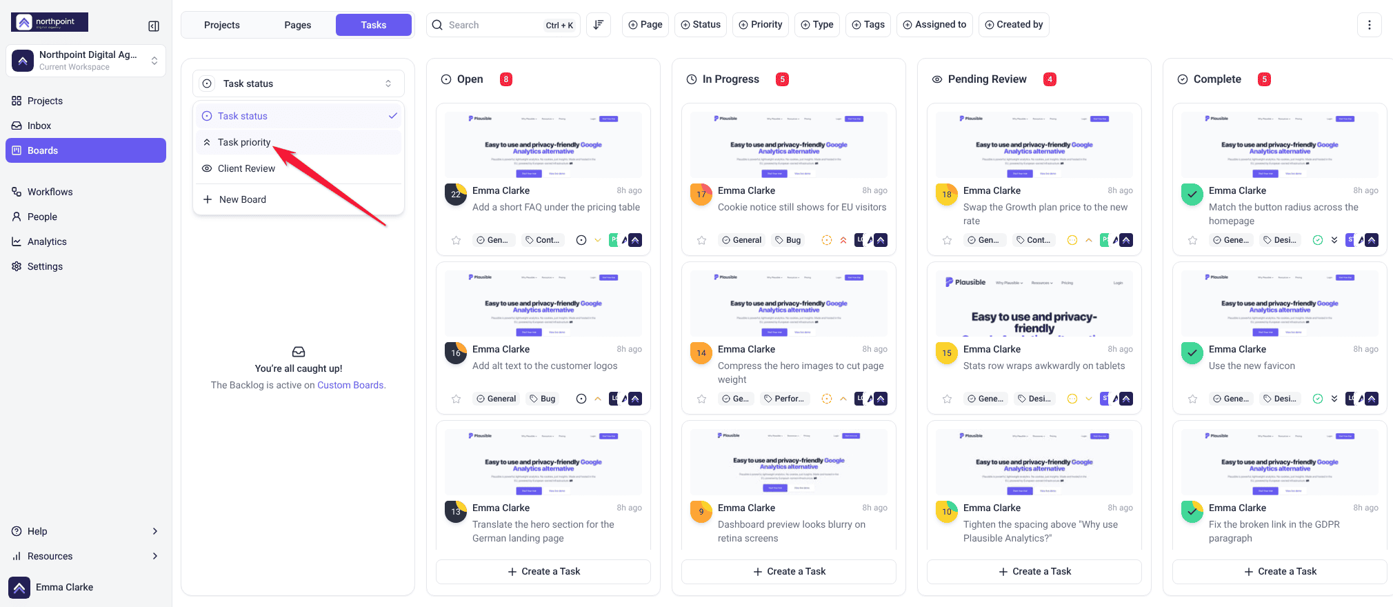 Task status board with the board picker open, showing Task status, Task priority, Client Review and New Board