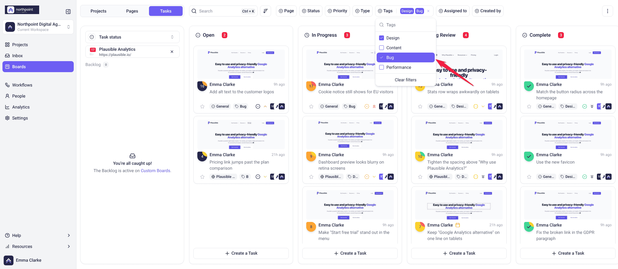 Board Tags filter open with Design and Bug ticked, leaving only tasks that carry those tags