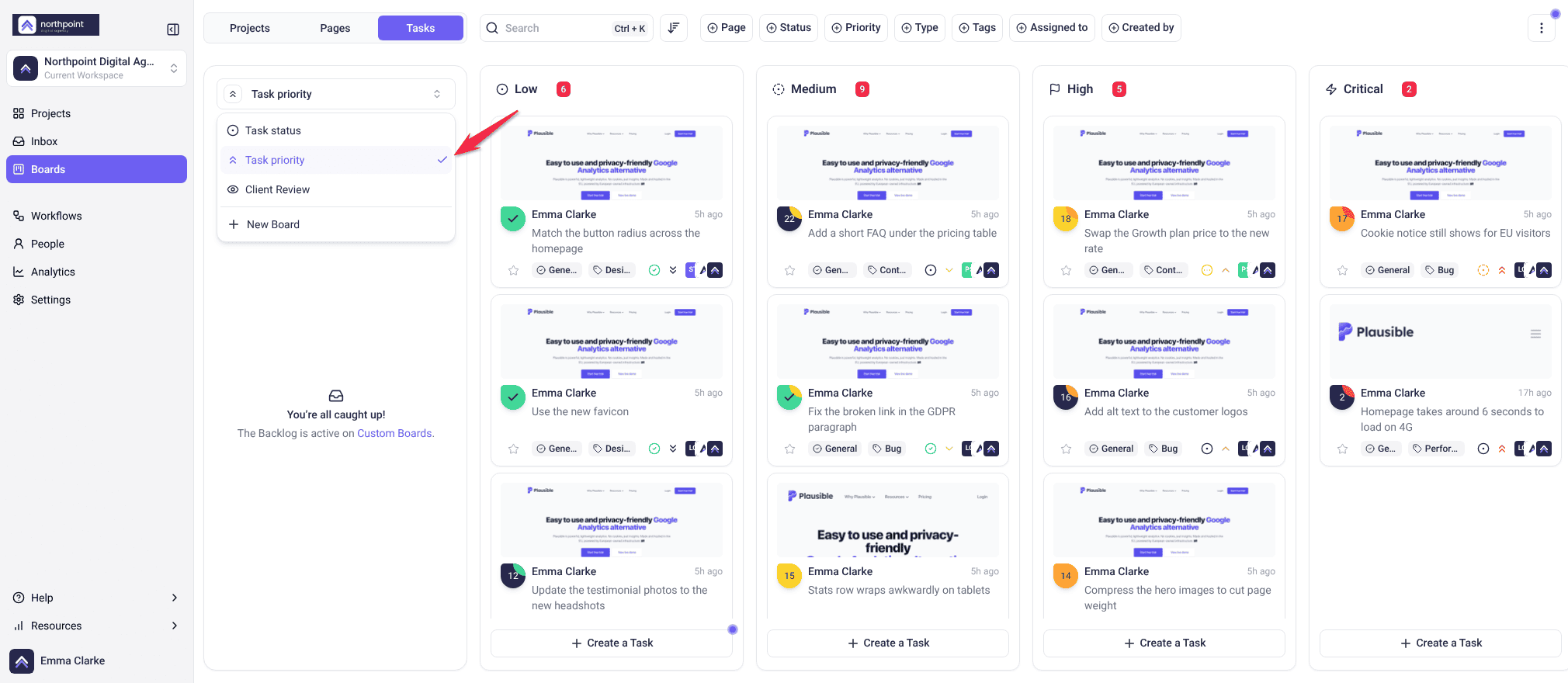 Board picker open on Task priority, listing Task status, a custom board and New Board, with the same tasks in Low, Medium, High and Critical columns