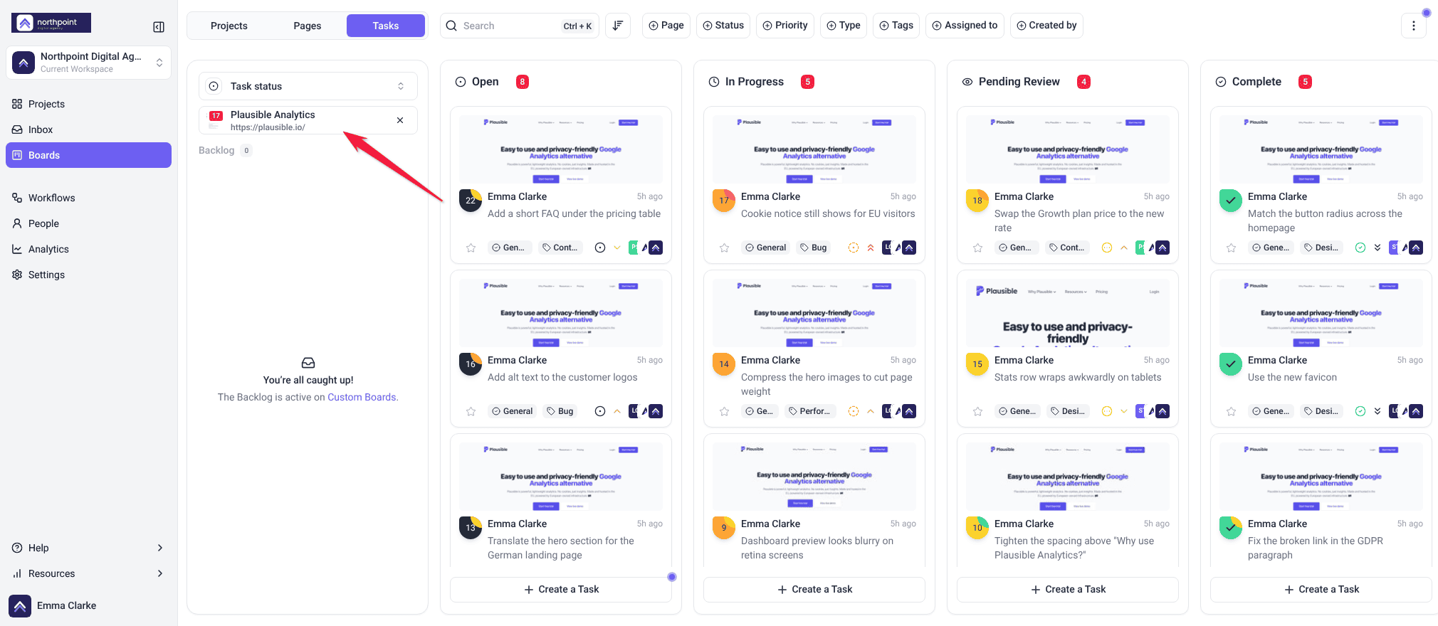 Task status board for one project, with the project picker in the left panel and tasks in four status columns