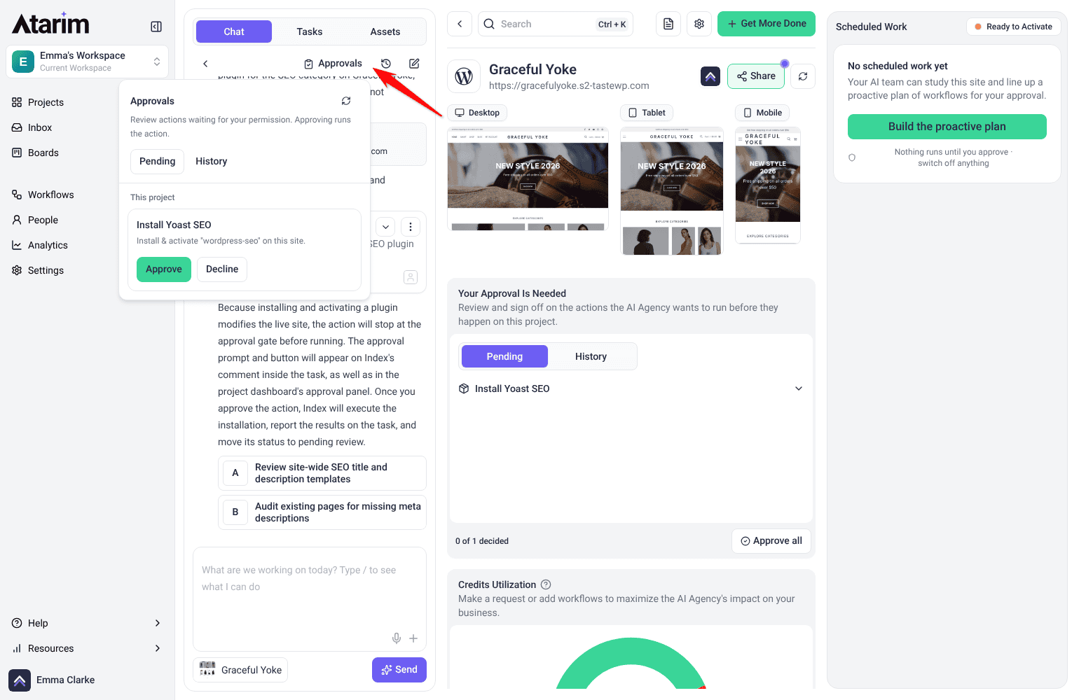 Approvals panel in a project's chat on the Pending tab, with an Install Yoast SEO request and Approve and Decline buttons