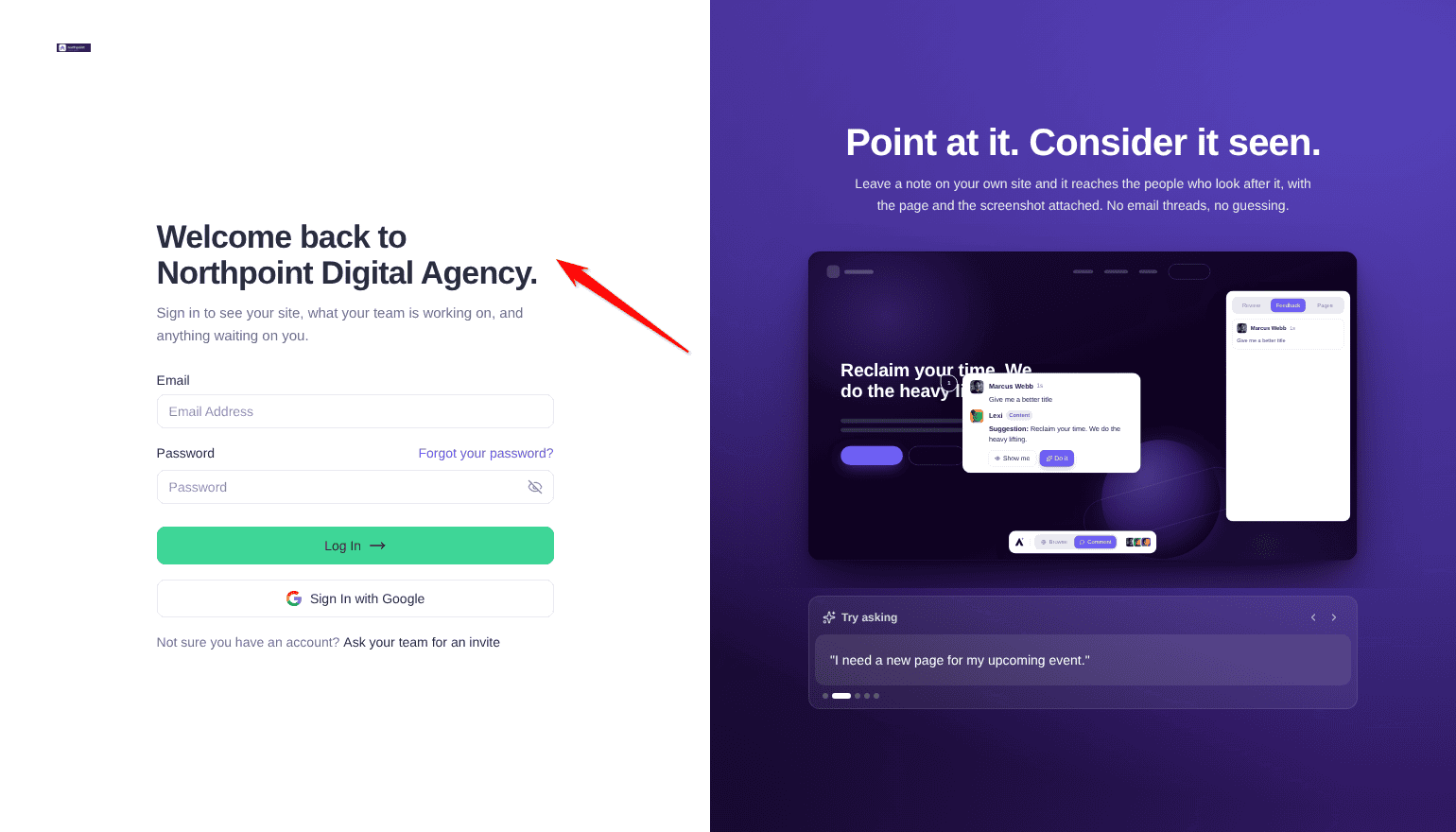 Sign-in page headed Welcome back to Northpoint Digital Agency, with Email, Password, Log In and Sign In with Google