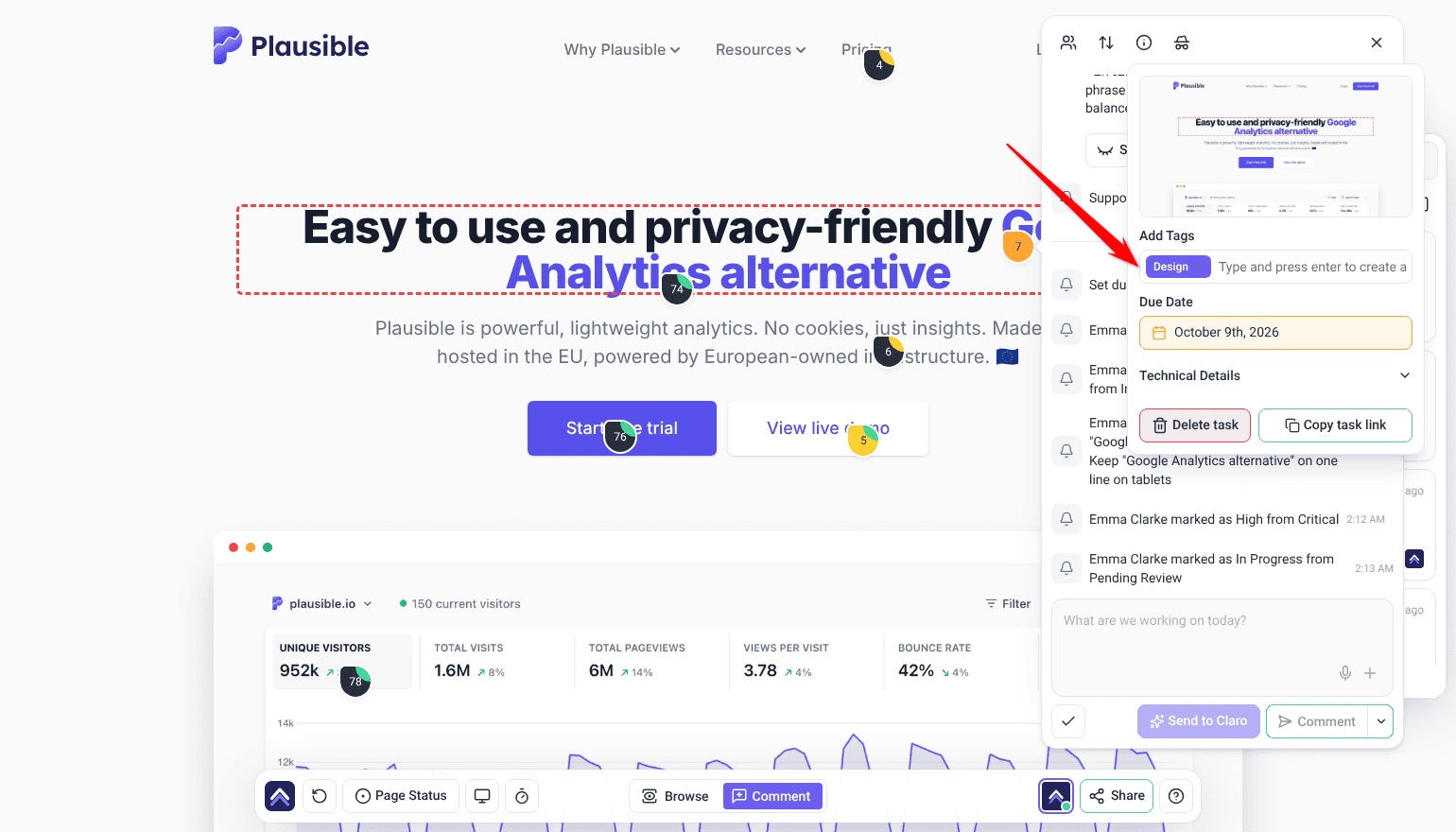 Task info panel in Collaborate with the Add Tags field showing a Design tag