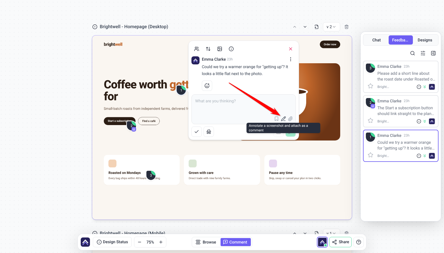 Design task open on the canvas with the Annotate a screenshot and attach as a comment tooltip; the arrow points at the annotate icon in the reply box