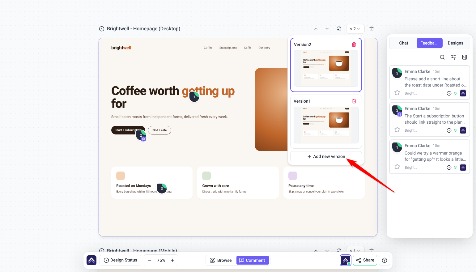 Version menu on a design listing Version 2 and Version 1 with an Add new version button