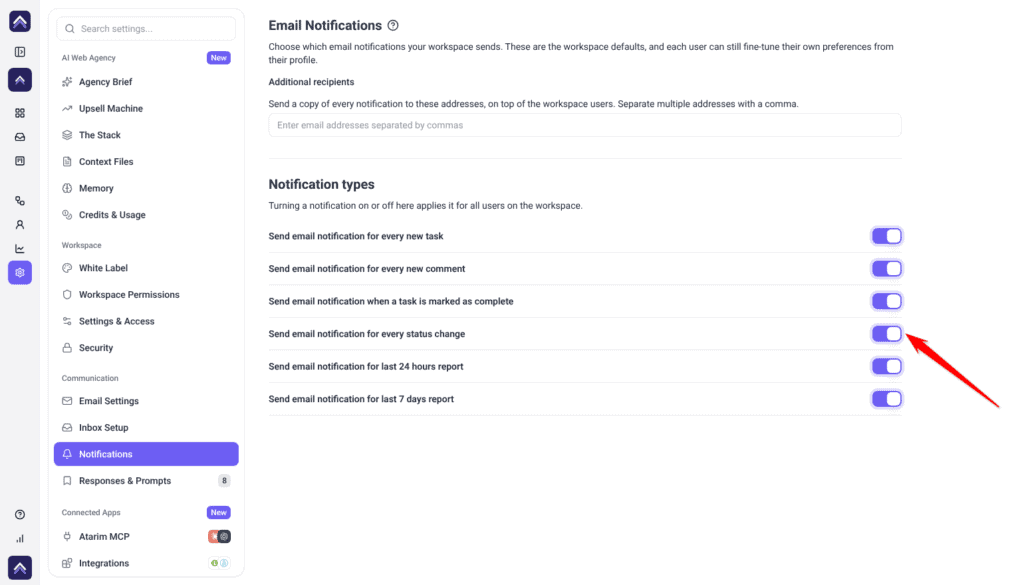 Notification types with six switches, all on; the arrow points at Send email notification for every status change