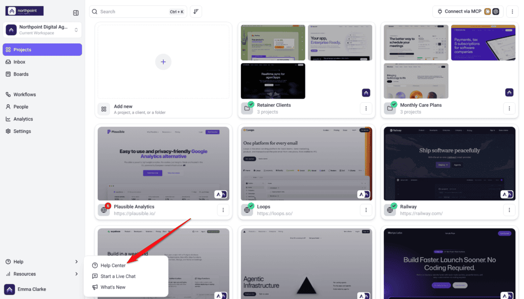 Help menu open from the sidebar with Help Center, Start a Live Chat and What's New