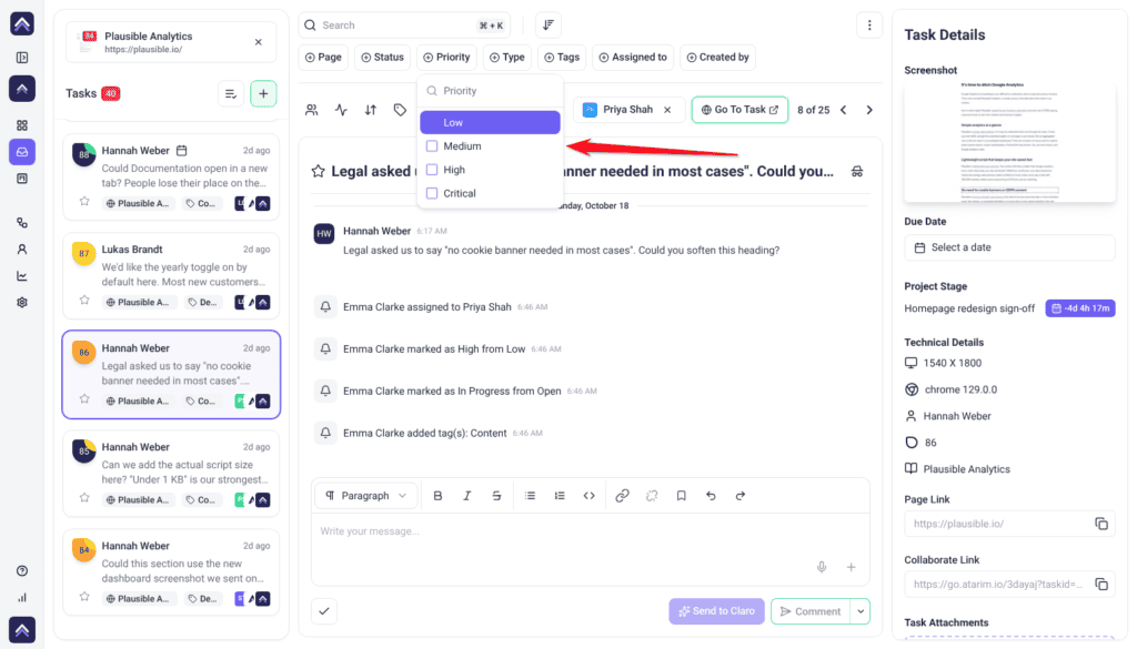 Inbox with the Priority filter open, showing Low, Medium, High and Critical, with the red arrow pointing at the list