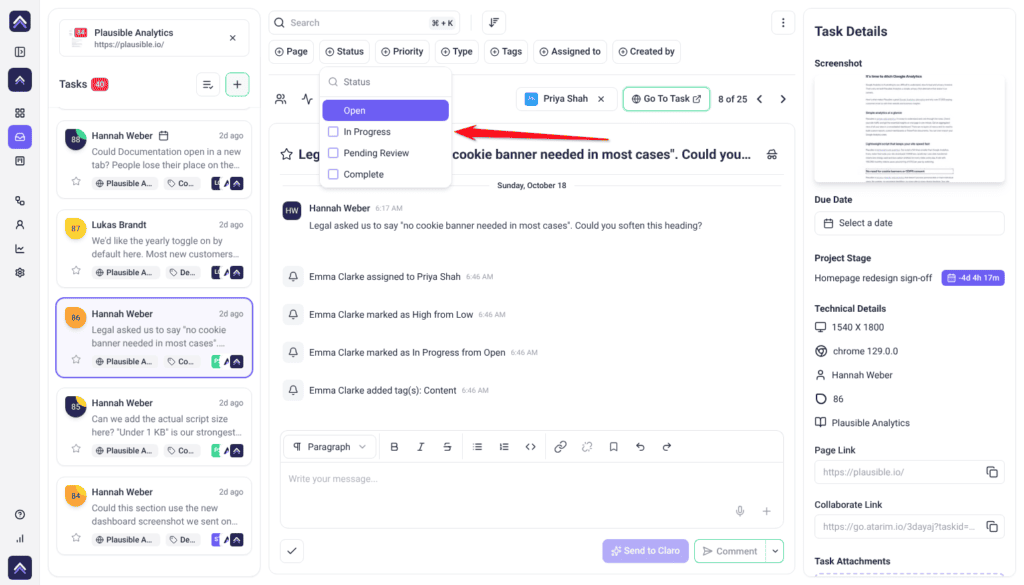 Inbox Status filter open with Open, In Progress, Pending Review and Complete, the red arrow pointing at the list