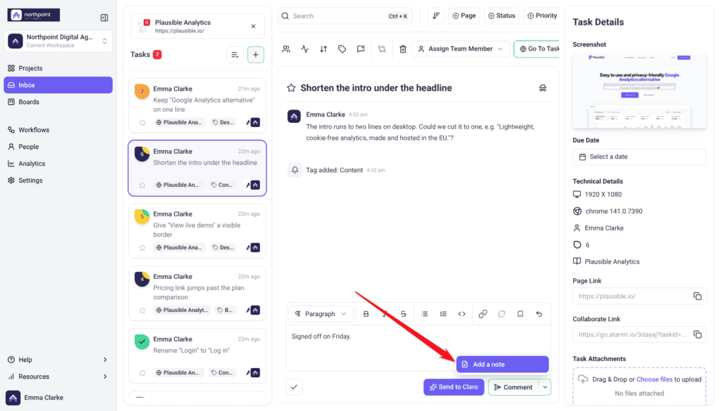 Task reply menu open on Add a note, which posts an internal note