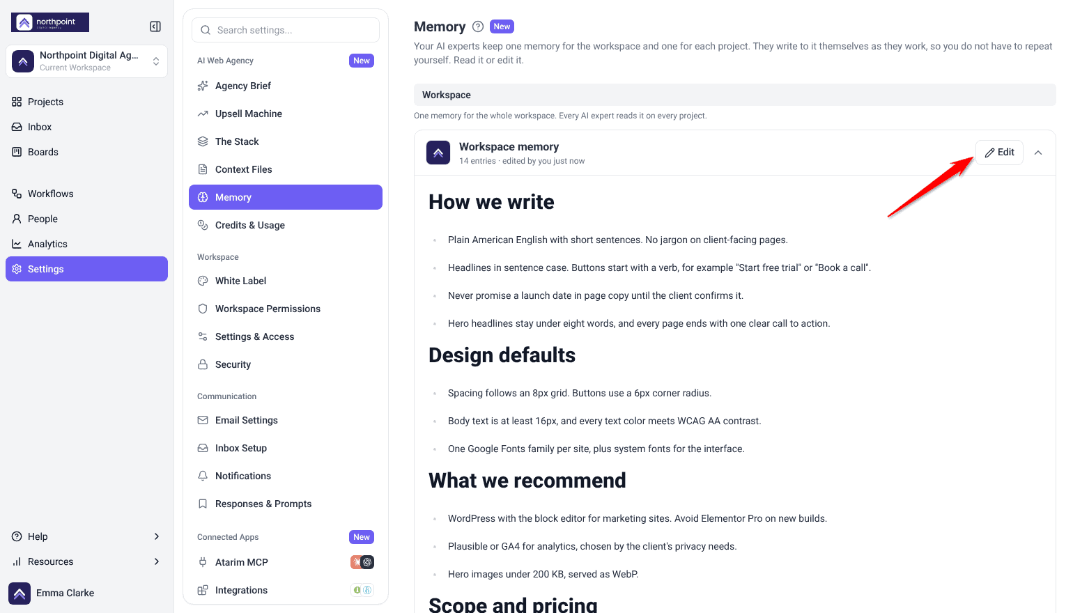 Workspace memory open, with entries grouped under headings and the Edit button