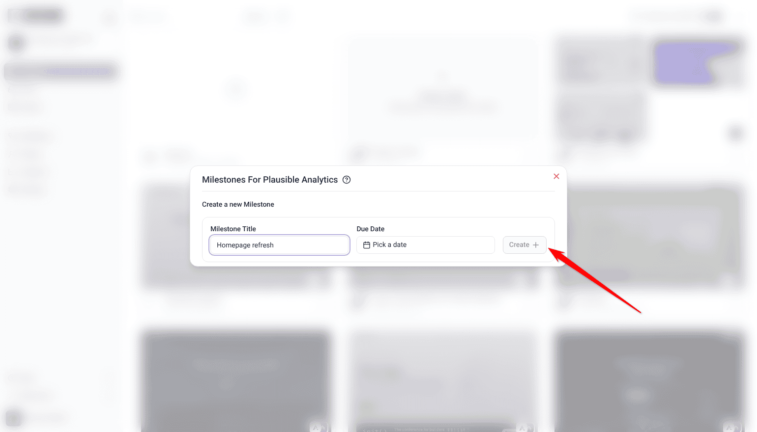Milestones dialog with a milestone title, a due date picker and Create