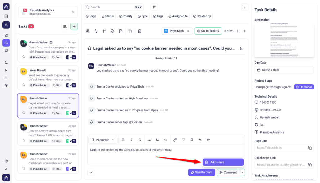 Internal remark typed in an Inbox task's message box with the Comment menu open; the arrow points at Add a note