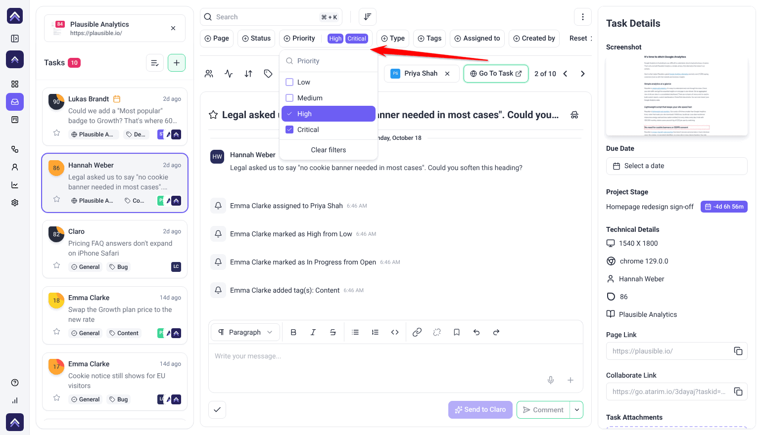 Inbox Priority filter open with High and Critical ticked, narrowing the list to 10 tasks; the arrow points at the chips