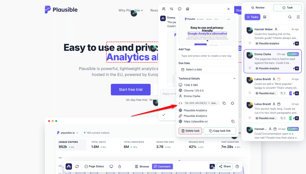 Task info panel with the screenshot, Add Tags, Due Date and Technical Details expanded; the arrow points at the element path