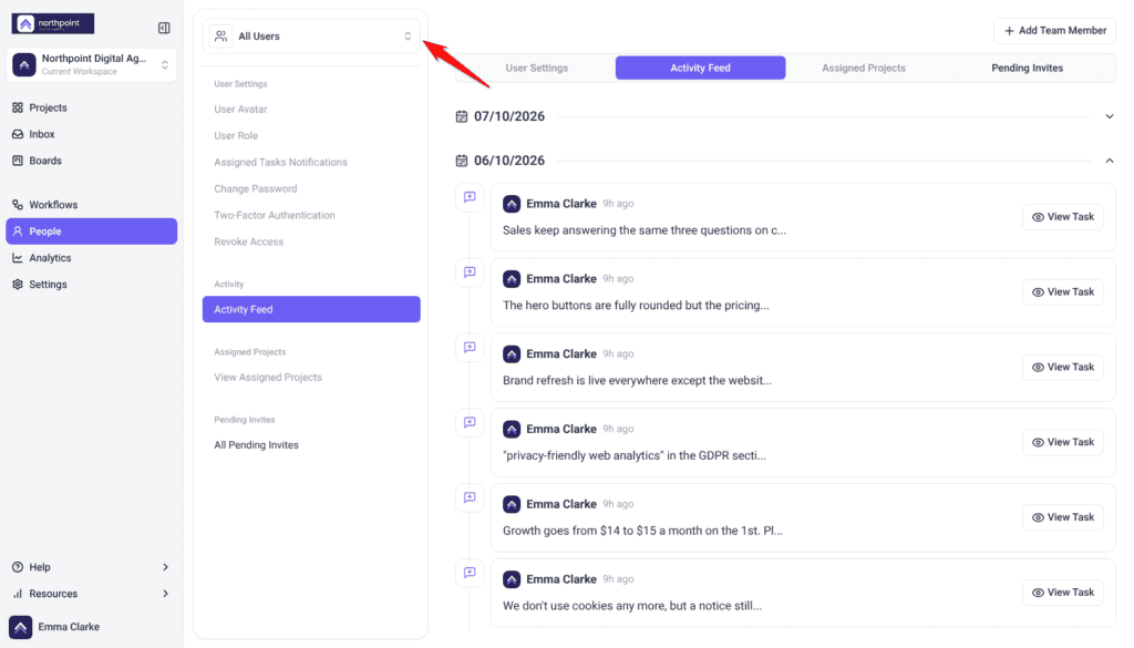 People screen on Activity Feed with All Users in the picker, today's group collapsed and comment entries below