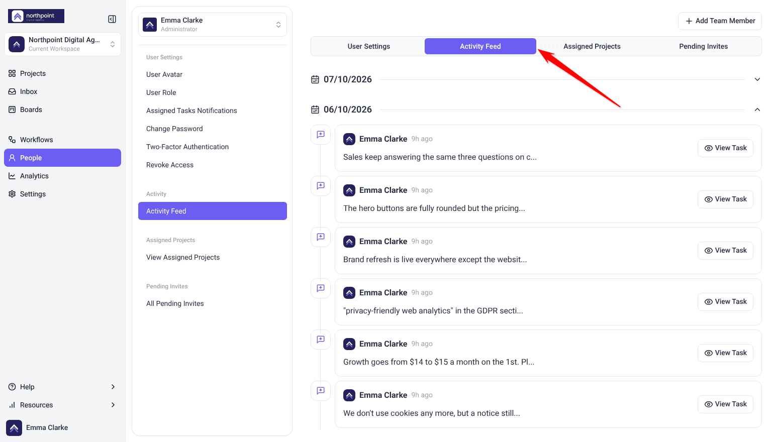 People screen with Emma Clarke selected and the Activity Feed tab listing her recent task updates