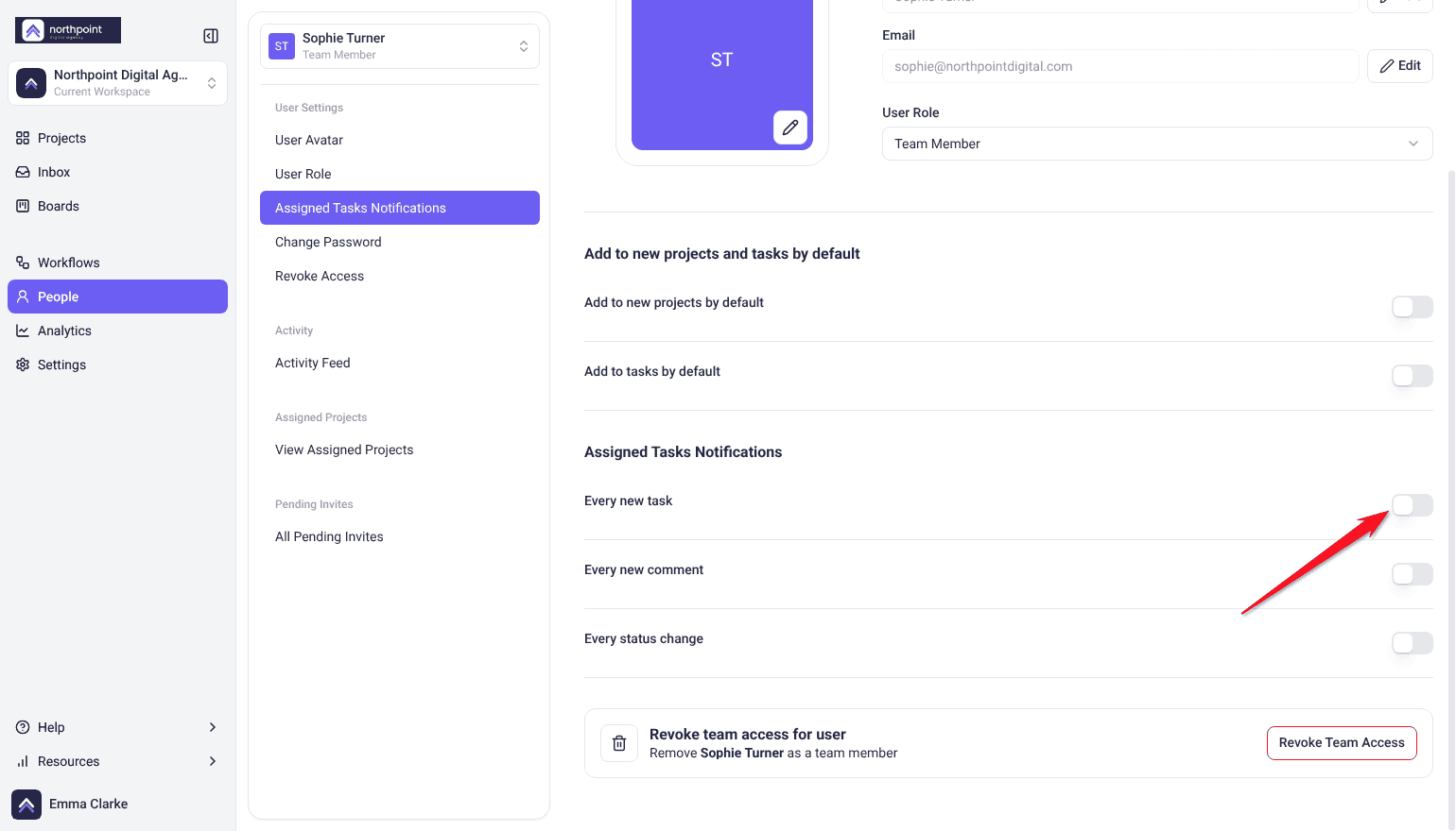 People, User Settings for a team member, with the three Assigned Tasks Notifications switches