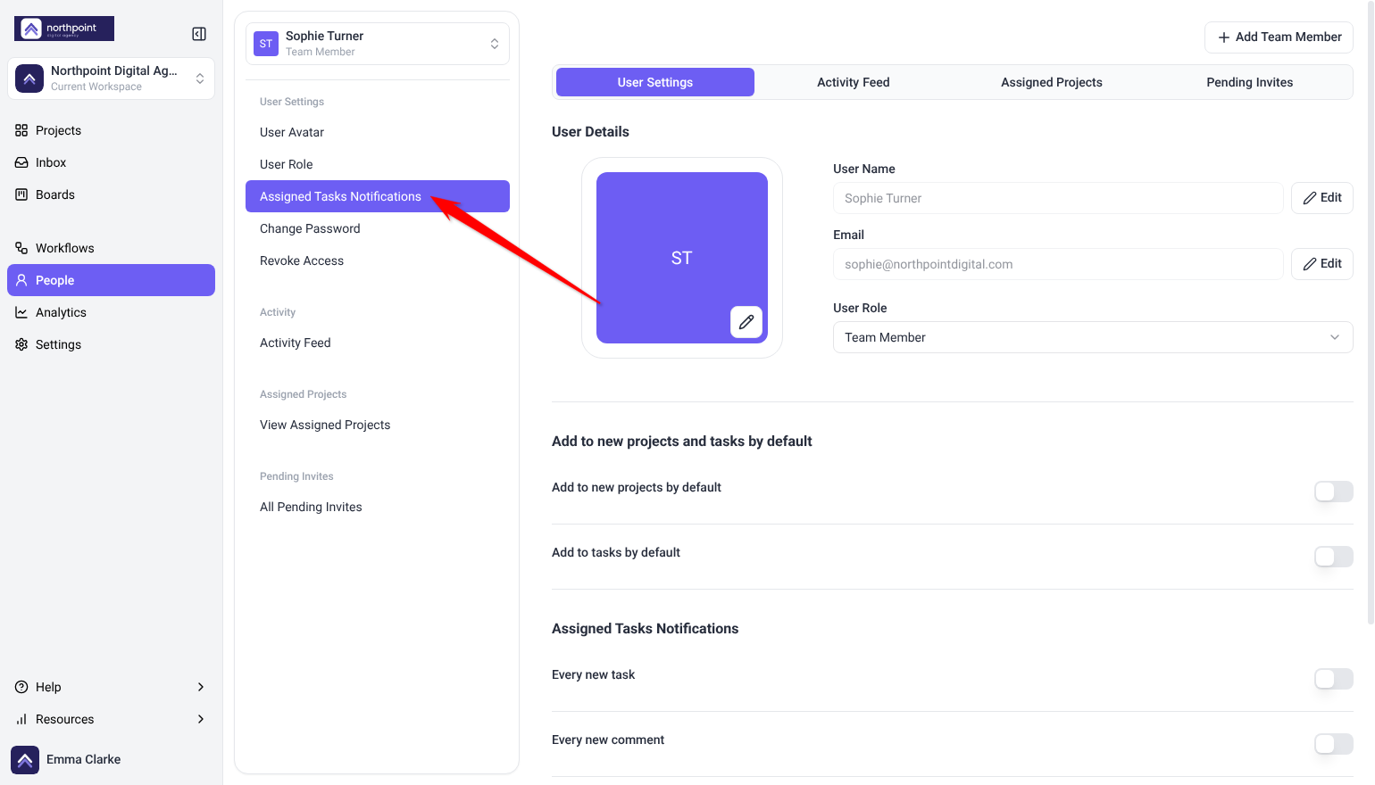 Sophie Turner's User Settings under People, with the arrow on Assigned Tasks Notifications in the left menu