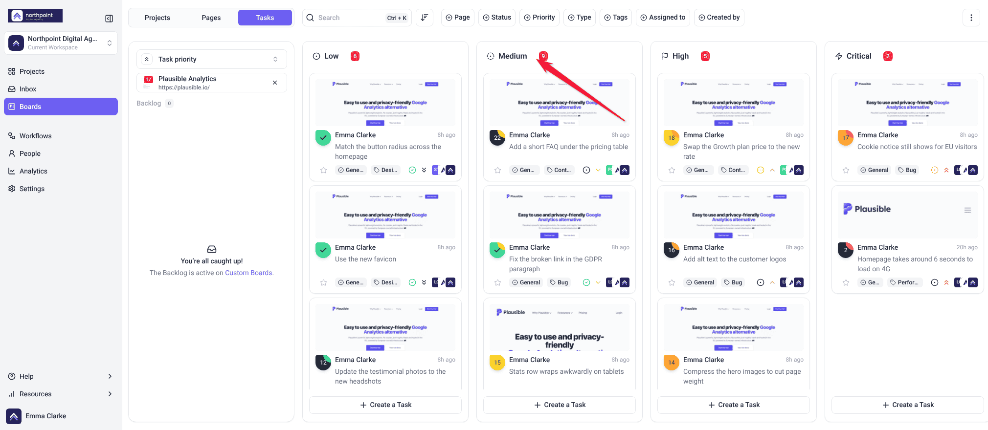 Task priority board where Medium holds nine tasks, more than any other column