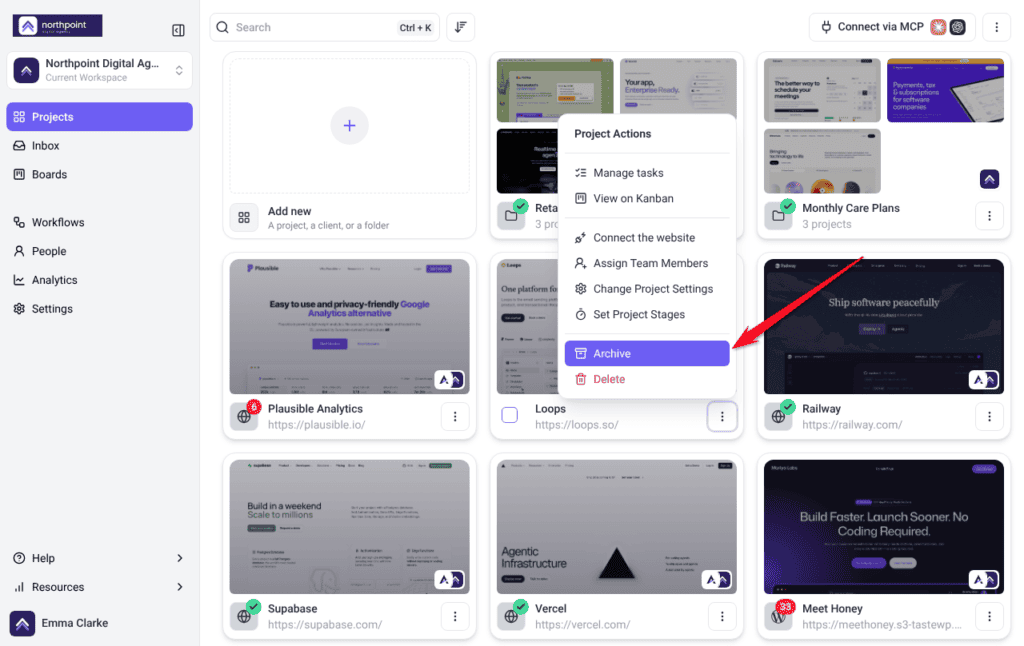 Project Actions menu on a project card with Archive highlighted