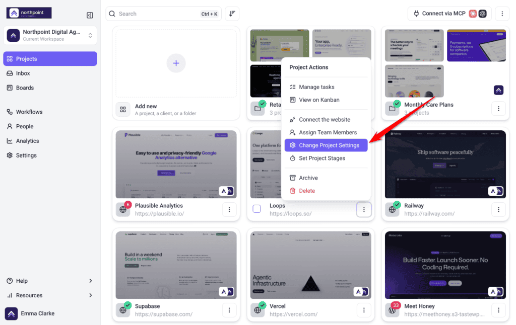 Project Actions menu on a project card with Change Project Settings highlighted
