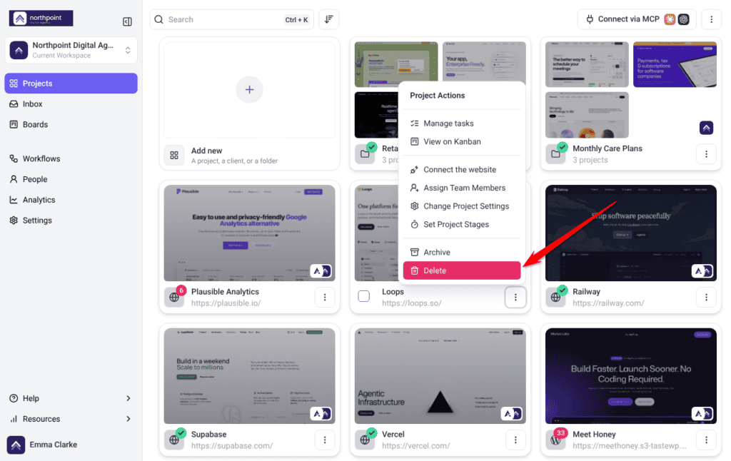 Project Actions menu on a project card with Delete highlighted