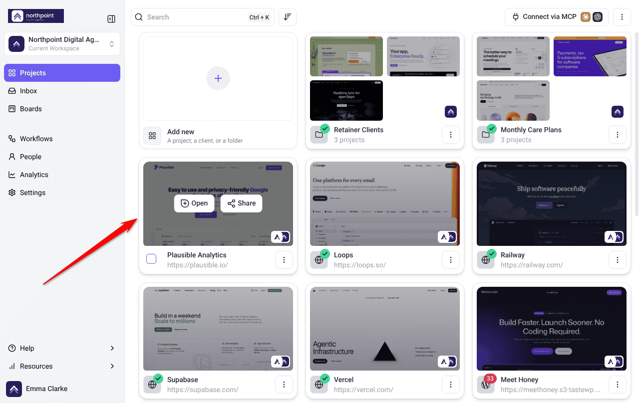 Project card with Open and Share buttons shown on hover