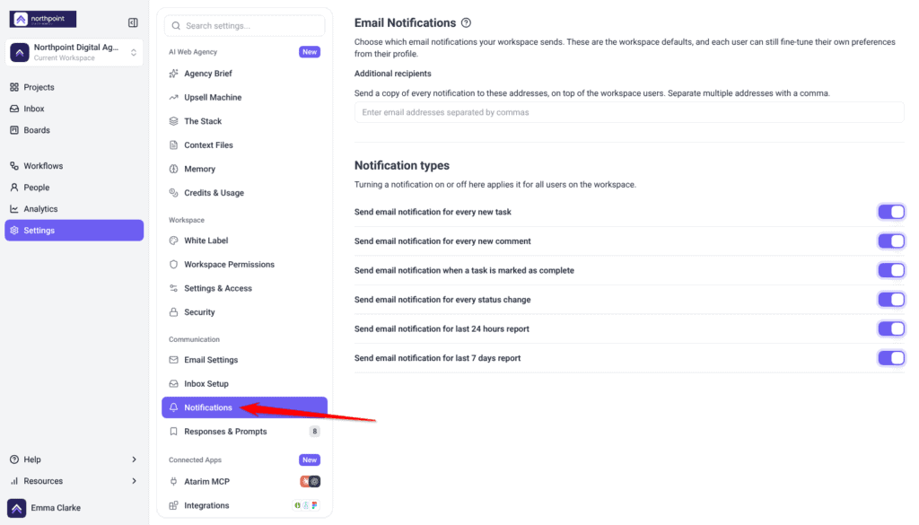 Settings with Notifications selected under Communication and the Email Notifications panel open; the arrow points at Notifications